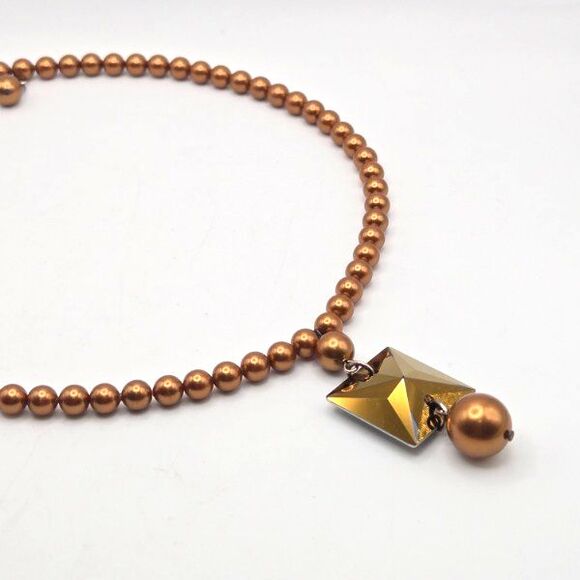 Emily Ray Bronze Tone Glass Faux Pearls Modern Square Crystal Pendant 925 Silver - Picture 1 of 6